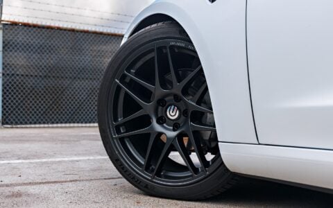 White Tesla Model 3 with 20 inch UP x BBS Flugplatz Wheels and UP Front Lip Spoiler