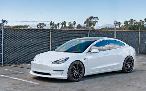 White Tesla Model 3 with 20 inch UP x BBS Flugplatz Wheels and UP Front Lip Spoiler
