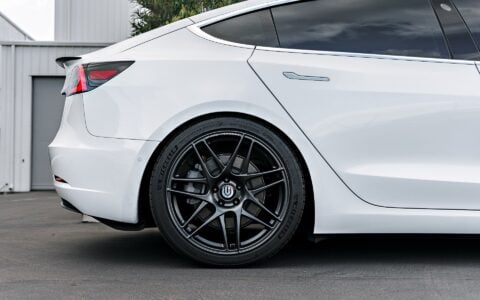 White Tesla Model 3 with 20 inch UP x BBS Flugplatz Wheels and UP Front Lip Spoiler