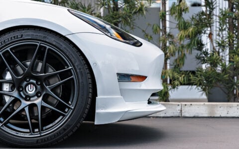 White Tesla Model 3 with 20 inch UP x BBS Flugplatz Wheels and UP Front Lip Spoiler
