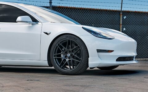 White Tesla Model 3 with 20 inch UP x BBS Flugplatz Wheels and UP Front Lip Spoiler