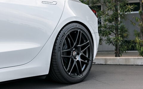 White Tesla Model 3 with 20 inch UP x BBS Flugplatz Wheels and UP Front Lip Spoiler