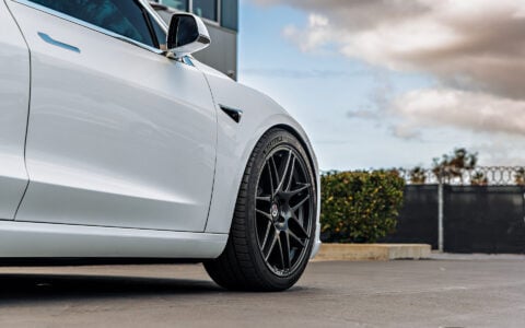 White Tesla Model 3 with 20 inch UP x BBS Flugplatz Wheels and UP Front Lip Spoiler